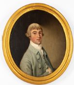 Artwork: a late 18th century oil on oval panel half-length portrait of a young gentleman, unsigned, 