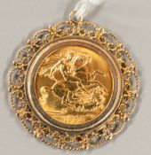 Coins: a 1958 Queen Elizabeth II gold full sovereign, in ornate pierced pendant mount, gross weight 
