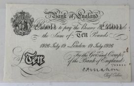 Banknotes: Cyril P Mahon, £10 note, London 19th July 1926, 112/L 55011, 2 rust-edged holes to the ri