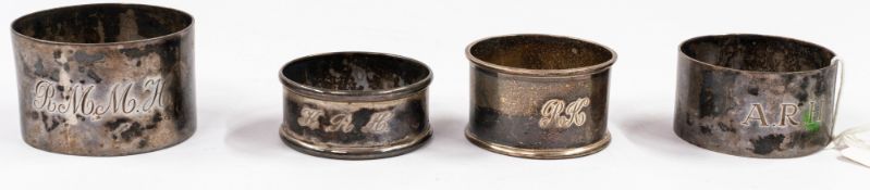 Silver: four assorted napkin rings, various dates and makers, combined weight 101g.