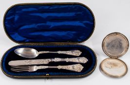 Silver: a cased three piece cutlery set, London 1882, each piece cast in a Gothic style, 147g, toget