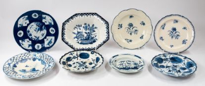 Ceramics: Seven English porcelain blue and white plates, c.1760-80, including a Worcester example wi