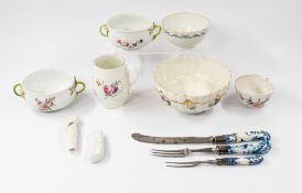Ceramics: Two Chelsea ecuelle bases, c.1755, one squat form painted with English flowers, the other 
