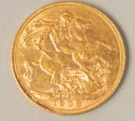 Coins: a 1908 Edward VII full sovereign ,circulated.