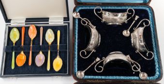 Silver: a set of four silver salts and spoons, Charles Boyton, London 1895, of twin-handled gadroone