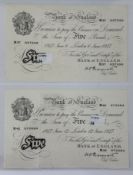 Banknotes: K O Peppiatt, £5 notes (2), Fourth Period, serial numbers, M37 037590, M42 075684, thread