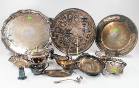 Silver Plate: three trays, various sizes and designs, a single candelabrum, two pierced dishes, a nu