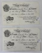 Banknotes: K O Peppiatt £5 notes, (2) first period, London 14th June 1938 No B/235 14166, and B/261 