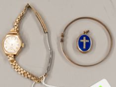 Jewellery: a ladies 9ct gold cased 'Cymaflex' wristwatch by Cyma, on rolled gold strap; a gold fille