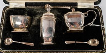 Silver: a cased three piece cruet set, various dates but all with the mark of William Suckling, toge