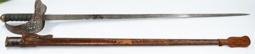 Militaria: an early 20th century basket hilt dress sword with leather scabbard, the handle wire boun