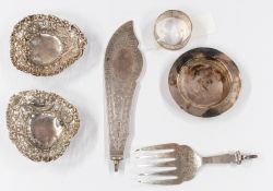 Silver: a pair of pierced bonbon dishes, Birmingham 1901, a napkin ring, a coaster, and a set of fis