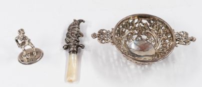 Silver: a pierced silver miniature quaich, Birmingham 1894, a Victorian miniature figure, London 190