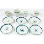 Ceramics: a group of Worcester blue and white cups and saucers, c.1760-70, with fine reeded moulding