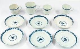 Ceramics: a group of Worcester blue and white cups and saucers, c.1760-70, with fine reeded moulding