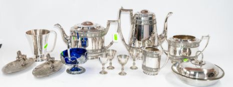 Silver Plate: a four piece tea and coffee set, missing finials, together with a pair of nut dishes, 