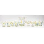Glass: a hand-painted water or lemonade jug and a set of six glass tumblers, early 20th century, tog