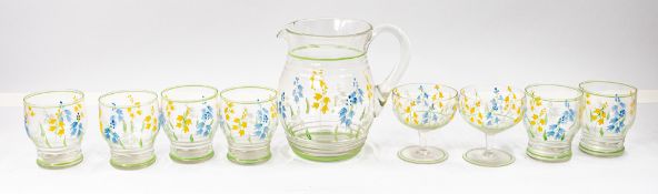 Glass: a hand-painted water or lemonade jug and a set of six glass tumblers, early 20th century, tog