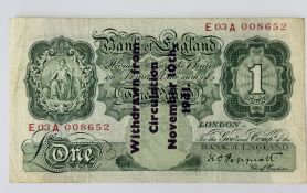 Banknotes: K O Peppiatt, £1 note, 1941, serial number E03A 008652, with ‘withdrawn from circulation 