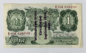 Banknotes: K O Peppiatt, £1 note, 1941, serial number E15A 636039, with ‘withdrawn from circulation 