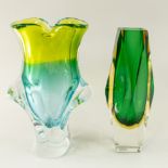 Glass: A Murano Sommerso facet cut vase, layered with an emerald green edged in amber and suspended 