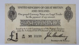 Banknotes: Treasury Series, Second issue, John Bradbury, £1, T11, Type 1, 23 October 1914, R38 No711