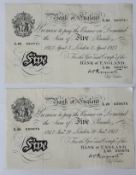 Banknotes: K O Peppiatt, £5 notes (2), Fourth Period serial number L82 094741, and L20 050675, threa