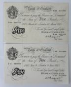 Banknotes: K O Peppiatt, £5 notes (2), 16th March 1945, No H68 055563, threaded, showing three fold 