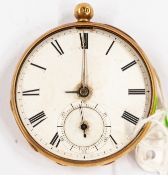 Watches: an 18ct yellow gold open faced key wind pocket watch, London 1849, with enamel dial and sub