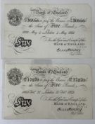 Banknotes: Ernest M Harvey, 1918- 1925, 2 Notes, £5 Black on White, London 4th May 1922, D/13 30956,