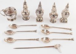 Silver: two pairs of silver salt and pepper shakers, one pair London 1887, the other Birmingham 1889