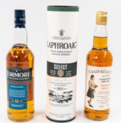Whisky: Three bottles of Scotch whisky, including Laphroaig Select Islay Single Malt, 70cl, boxed; T