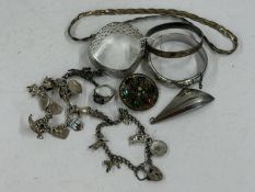 Jewellery: two silver hinged bangles, two charm bracelets with charms, a tri coloured necklace, and 