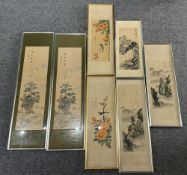 Two pairs of Japanese scroll watercolours on silk, depicting landscapes with pine trees and mountain