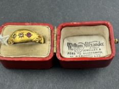 Jewellery: 18ct gold boat-shaped diamond and ruby ring (one ruby missing), scroll decoration shoulde