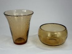 A large Whitefriars Controlled Bubble glass vase, of amber hue, and a large bowl of similar design, 