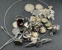 Jewellery: a bracelet formed from six silver 3d coins; a coin set ring, other coins, together with a