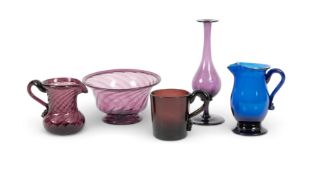 An amethyst glass sugar bowl and a matching cream jug, late 18th century, with spiral moulding and f