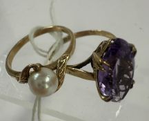 Jewellery: A 9ct yellow gold ring set a single amethyst of navette form, UK size R, together with a 