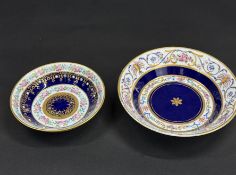 Two Sèvres saucers, c.1775-85, the smaller painted with bands of pink roses and blue flowers between