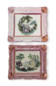 Two Sunderland lustre wall plaques, 19th century, one printed and coloured with a family playing the