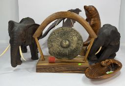 Treen: a well carved pair of elephants, one with bone tusks, the other wood; a burr walnut frolickin