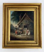 Artwork: Continental School: a mid 19th century Low Countries oil on board of a peasant family at ho