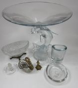 A collection of decorative glass ware, including a silver-gilt mounted swan with pierced articulated
