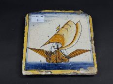 A Catalan faïence tile, c.1780, painted in yellow, blue, ochre and manganese with a galley ship at s