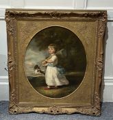 Artwork: British School- late 18th/ early 19th century oval portrait of a young boy with spaniel and
