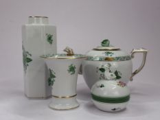 A Herend teapot and cover, modern, painted in the Green Apponyi pattern. a hexagonal vase and a smal