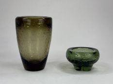 A heavy Whitefriars Controlled Bubble vase and a small bowl, the bowl Meadow Green, the vase Willow,
