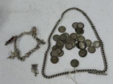 Jewellery: a 925 marked white metal double Albert watch chain, c.24cm; a sterling charm bracelet and