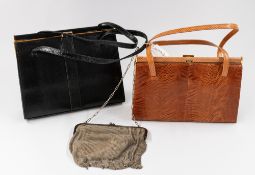 Accessories: Two vintage Mappin & Webb snakeskin 'Kelly' handbags, the smaller of a warm brown h
